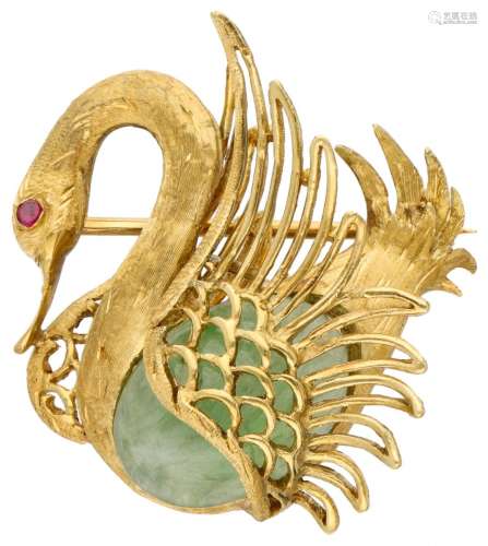 18K. Yellow gold swan brooch set with approx. 6.12 ct. jade ...