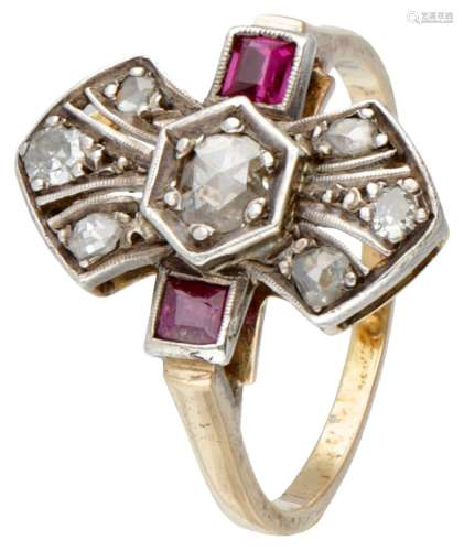 18K. Yellow gold openwork ring set with diamond and ruby.