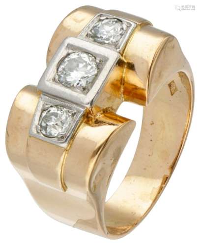 18K. Yellow gold and Pt 950 platinum tank ring set with appr...