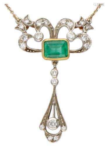 14K. Bicolor gold Art Nouveau necklace with pendant set with...