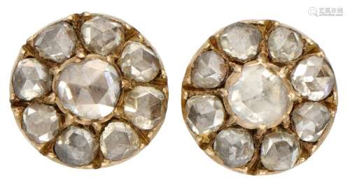 14K. Rose gold rosette earrings set with rose cut diamond.