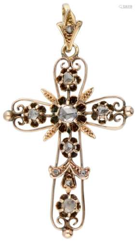 14K. Rose gold openwork cross-shaped pendant set with rose c...