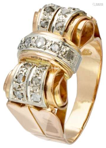 18K. Rose gold retro bow-shaped tank ring set with diamond.