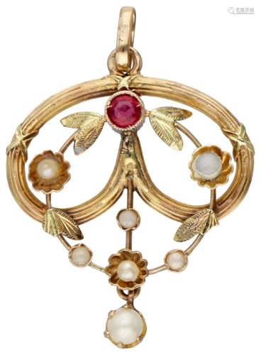 18K. Yellow gold Art Nouveau pendant set with seed pearls an...