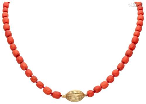 Single strand red coral necklace with a 14K. yellow gold clo...