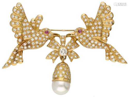 18K. Yellow gold brooch set with approx. 1.91 ct. diamond, f...