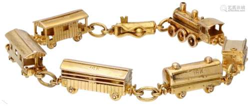 18K. Yellow gold bracelet with locomotive and 5 wagons.
