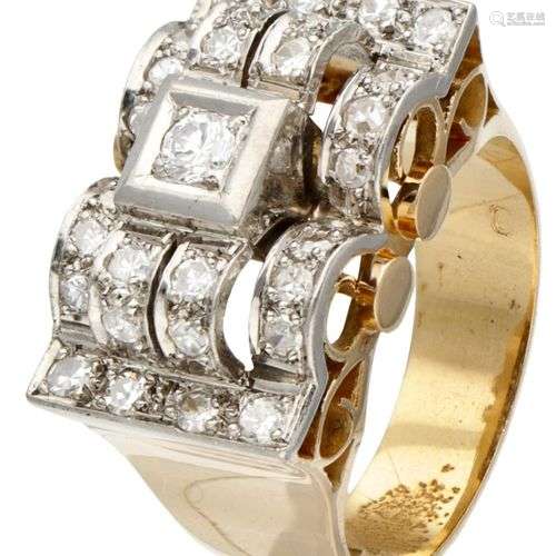 14K. Yellow gold tank ring set with approx. 0.66 ct. diamond...