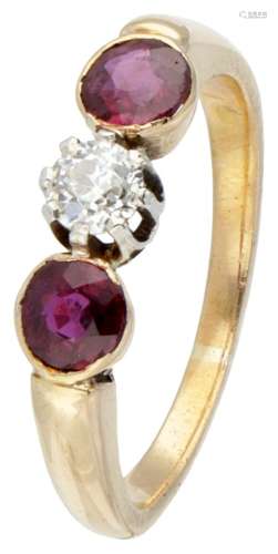 18K. Yellow gold ring set with approx. 0.58 ct. natural ruby...