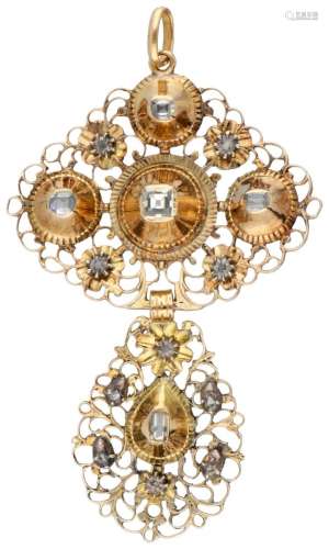 14K. Yellow gold antique cross-shaped pendant set with diamo...