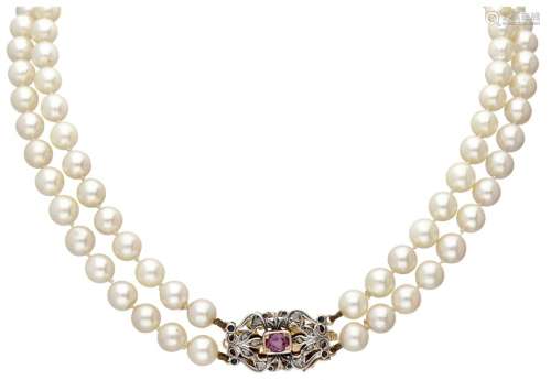 Two-row freshwater pearl necklace with 14K. yellow gold and ...