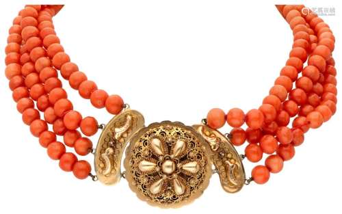 Antique four-row red coral necklace with a richly decorated ...