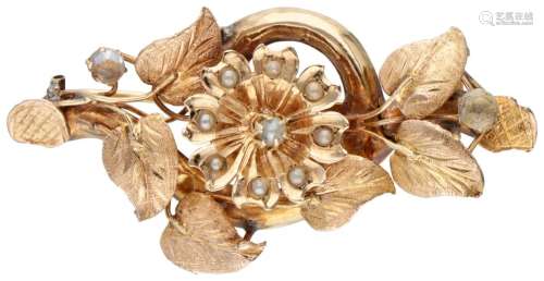 14K. Rose gold flower-shaped brooch set with seed pearls and...