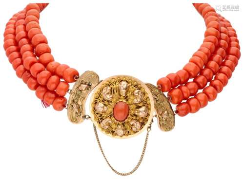 Three-row antique red coral necklace with a richly decorated...