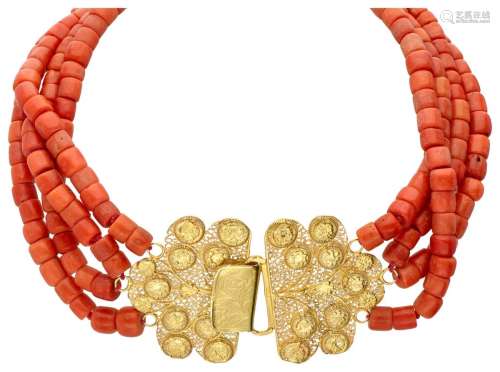 Four-row antique Zeeland red coral necklace with a 14K. yell...
