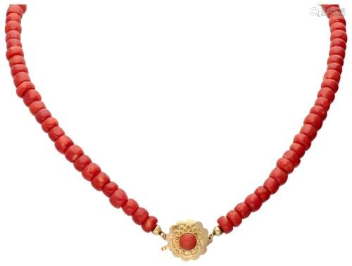 Antique single strand red coral necklace with a flower-shape...