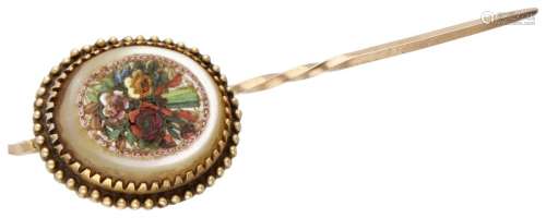 14K. Yellow gold antique lapel pin with floral micro mosaic ...