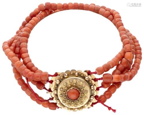 Antique four-row red coral necklace with a finely crafted 14...