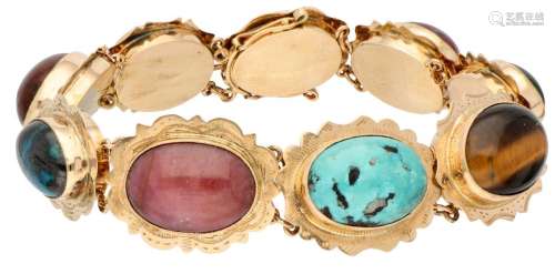 14K. Rose gold bracelet set with various gemstones including...