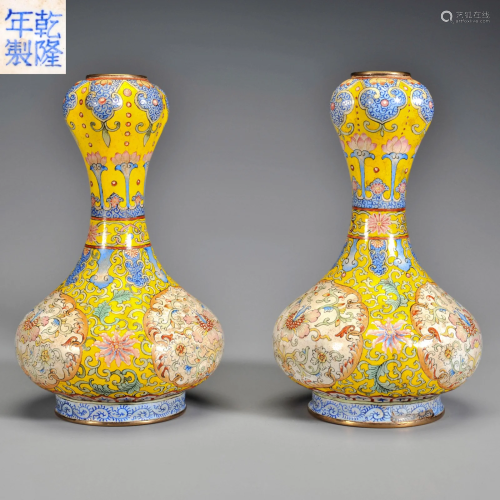 Pair Cloisonne Enamel Garlic Head Vases Qing Dynasty