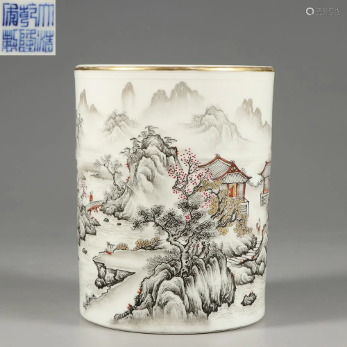 A Grisaille Glazed Brushpot Qing Dynasty
