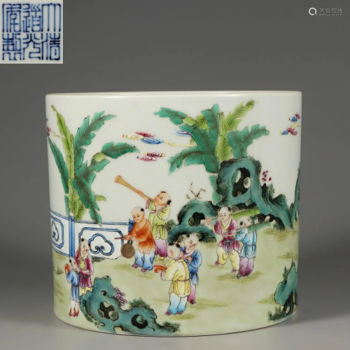 A Famille Rose Kid at Play Brushpot Qing Dynasty