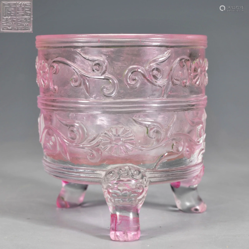 A Carved Peking Glass Tripod Censer Qing Dynasty