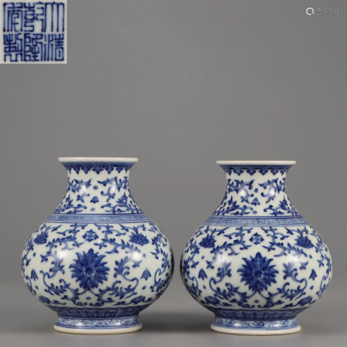 Pair Blue and White Lotus Scrolls Vases Qing Dynasty