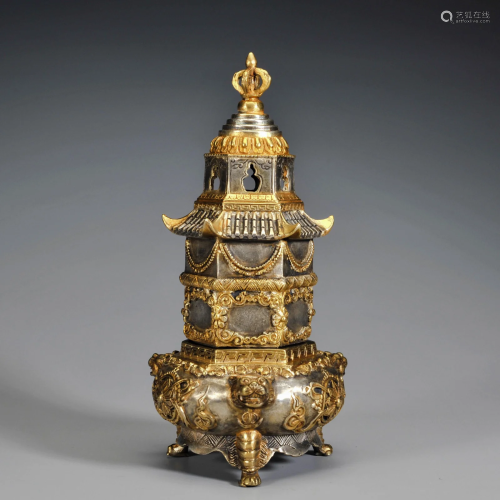 A Bronze Partly Gilt Incense Burner Qing Dynasty