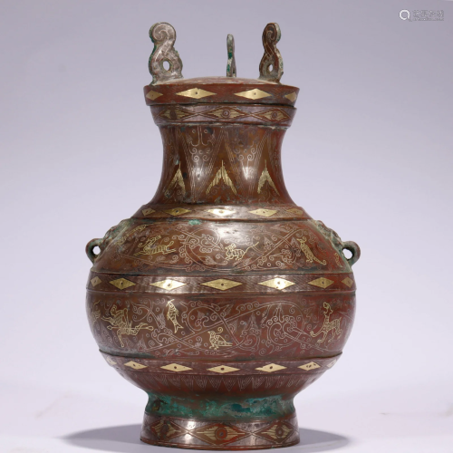 A Silver and Gold Inlaid Vase Hu Warring States