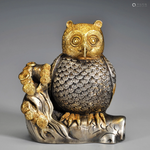 A Partly Gilt Bronze Owl
