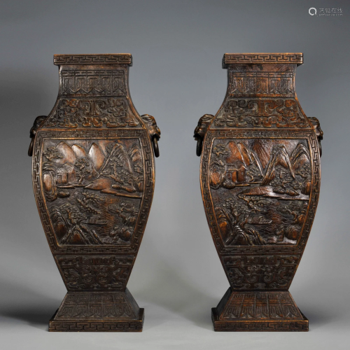 Pair Carved Aloes-wood Vases Qing Dynasty