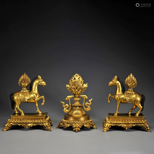 A Set of Three Gilt-bronze Ritual Items Qing Dynasty