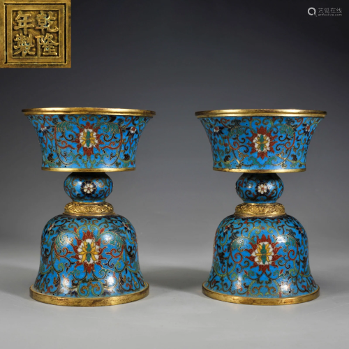 Pair Cloisonne Enamel Candlesticks Qing Dynasty