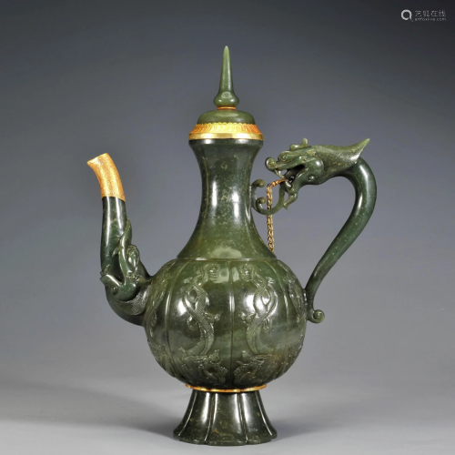 A Carved Celadon Jade Ewer Qing Dynasty