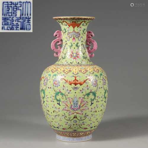A Famille Rose Lotus Scrolls Vase Qing Dynasty