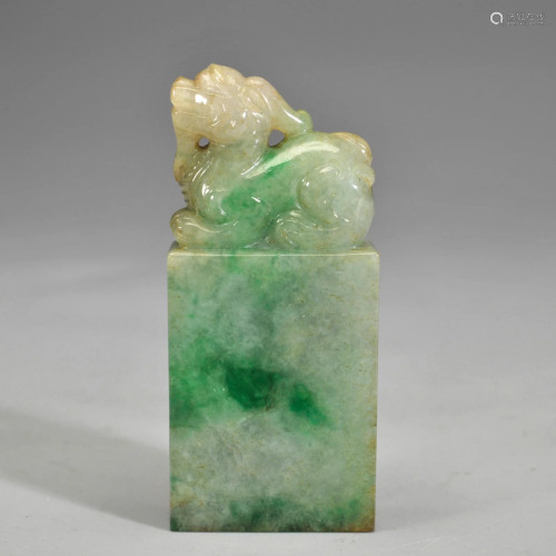 A Carved Jadeite Beast Seal Qing Dynasty