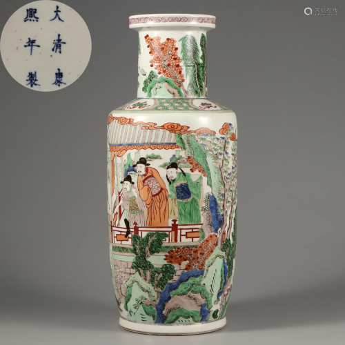 A Famille Verte Figural Story Mallet Vase Qing Dynasty