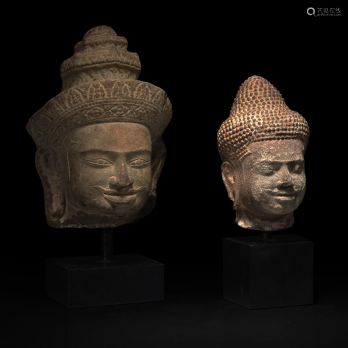 Two Khmer style carved stone heads 高棉