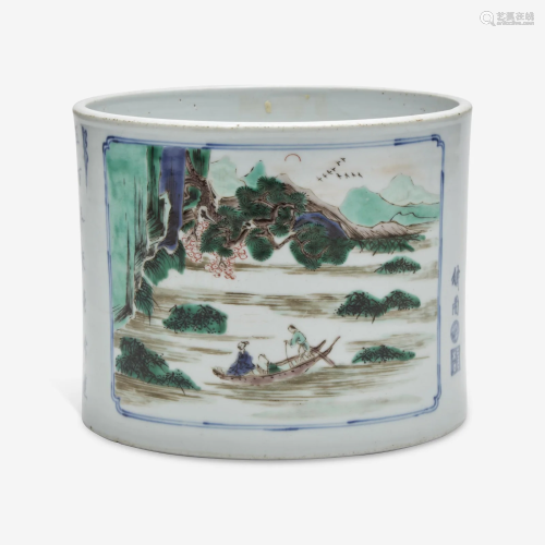 A Chinese famille verte-decorated porcelain brush pot
