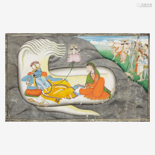 Three Indian miniatures depicting Vishnu and a scene