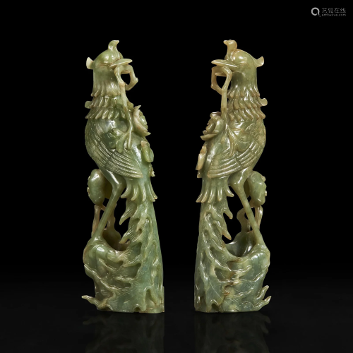 A pair of Chinese carved jadeite phoenix 翡