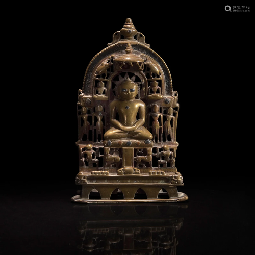 An Indian silver-inlaid brass Jain Shrine 印