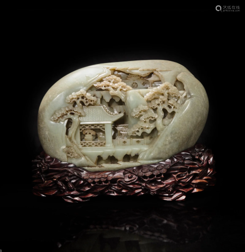 A large Chinese carved greyish celadon jade 