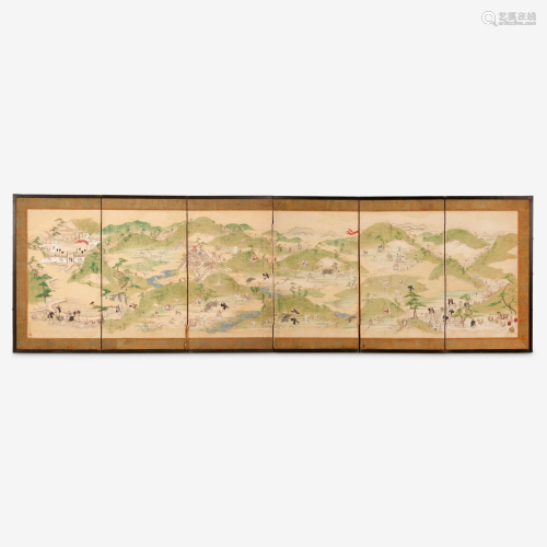 A Japanese six-fold screen depicting hunters in a