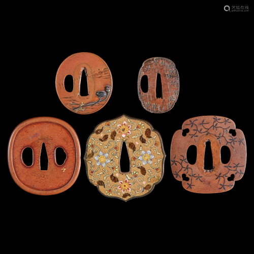 Four Japanese soft metal and one cloisonne tsuba