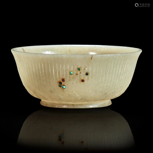 A Mughal-style embellished greyish jade small bowl