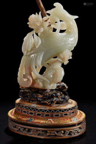 A Chinese jade figure of a phoenix mounted as a lamp