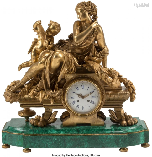 A Large French Gilt Bronze Clock on a Malachite