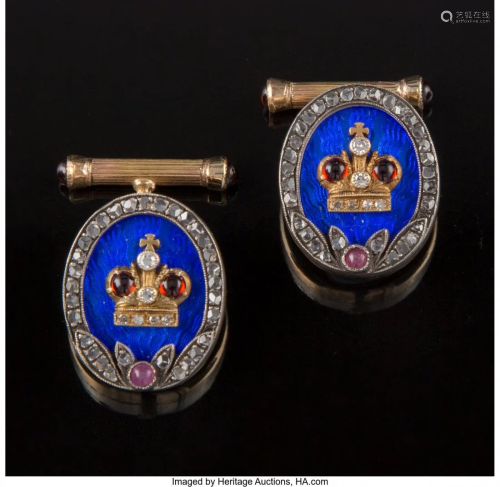 A Pair of Russian 14K Gold, Enamel, Diamond, and